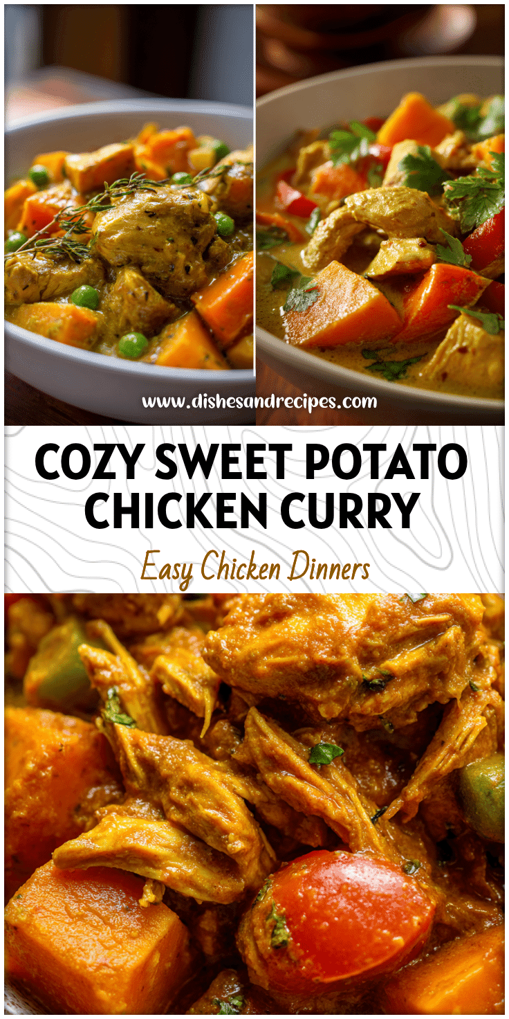 Bowl of Sweet Potato Chicken Curry with tender chicken thighs and vegetables in a creamy sauce.